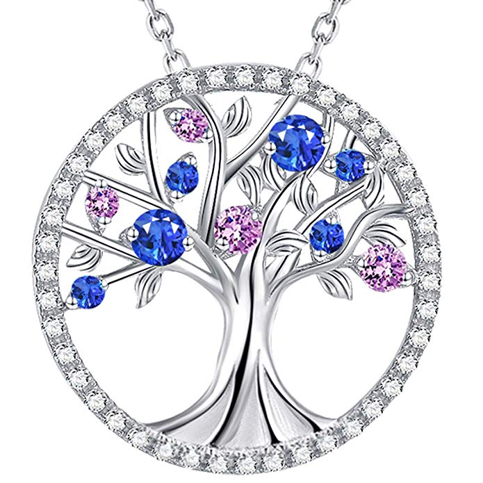 The Tree of Life September Birthstone Blue Sapphire and Pink Tourmaline Necklace Birthday Gift for Her Sterling Silver Fine Jewelry for Wife Lady Family