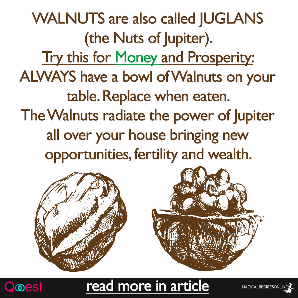 WALNUTS are also called JUGLANS (the Nuts of Jupiter). Try this for Money and Prosperity: ALWAYS have a bowl of Walnuts on your table. Replace when eaten. The Walnuts radiate the power of Jupiter all over your house bringing new opportunities, fertility and wealth.